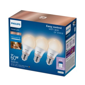Philips WIZ E27 LED-Lampen 3er-Set in Glühlampenform, 8W, warmweiß, smarte Steuerung.