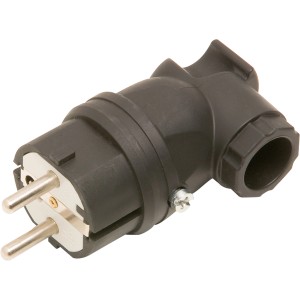 Schwarzer Gummi Schutzkontakt-Winkelstecker mit Knickschutz und 90° Winkel.
