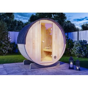 FinnTherm Fasssauna Mini XXS aus Fichte mit Glastür und Dachschindeln.