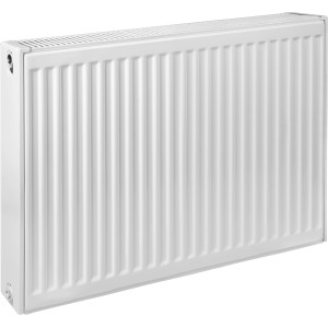 Weißer Heizkörper, 60x80 cm, Type 22. Kompakte Bauweise mit vertikalen Rippen für effiziente Wärme.
