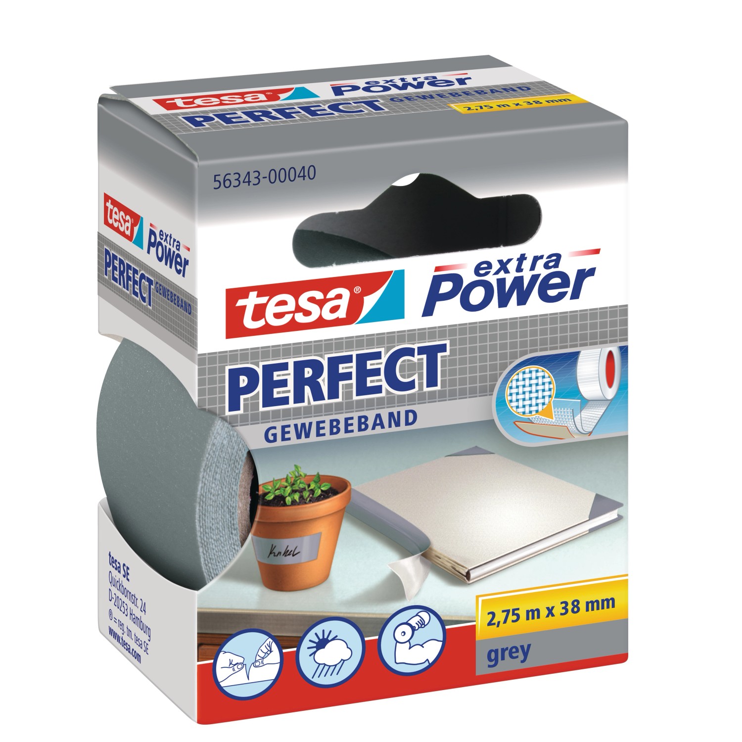 Tesa Extra Power Perfect Gewebeband Grau 2,75 m x 38 mm