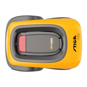 Gelber Stiga Mähroboter G 300 mit Stop-Taste, Aufsicht.