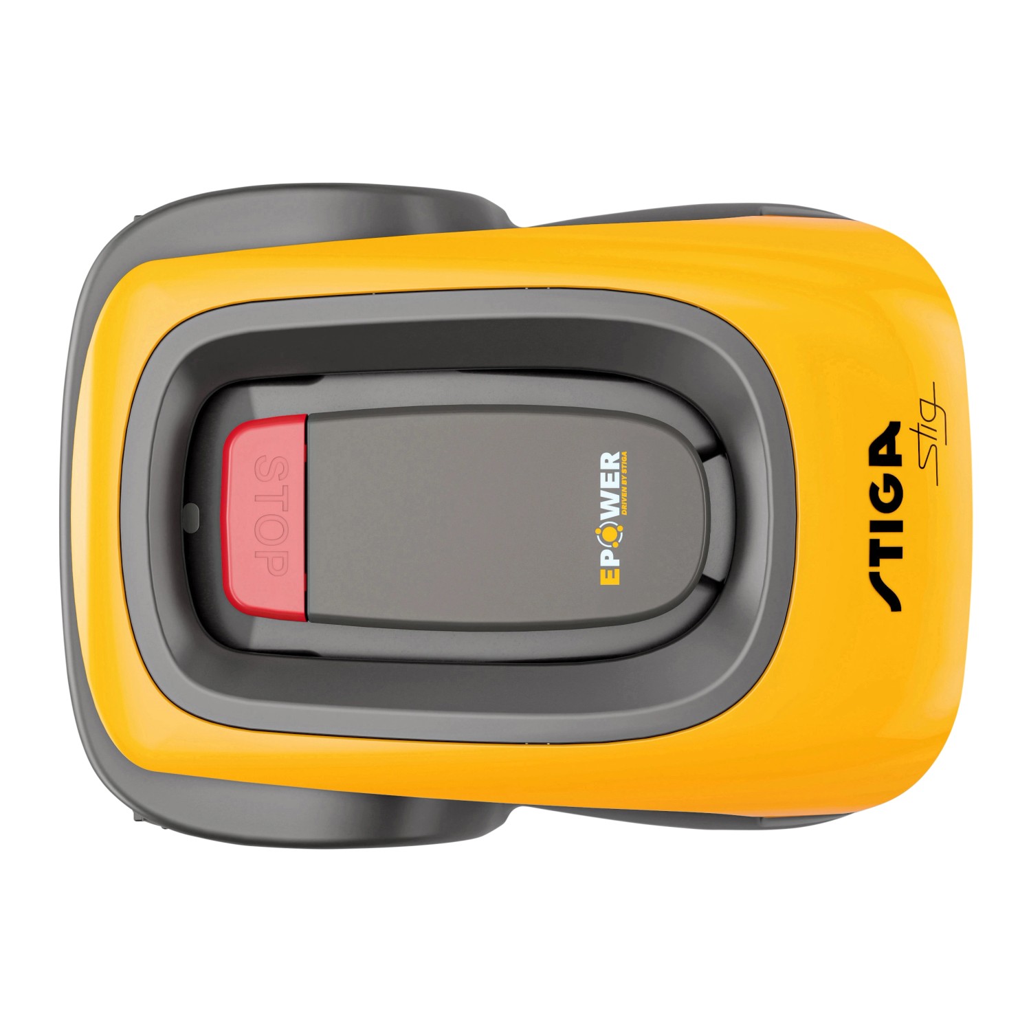 Gelber Stiga Mähroboter G 300 mit Stop-Taste, Aufsicht.