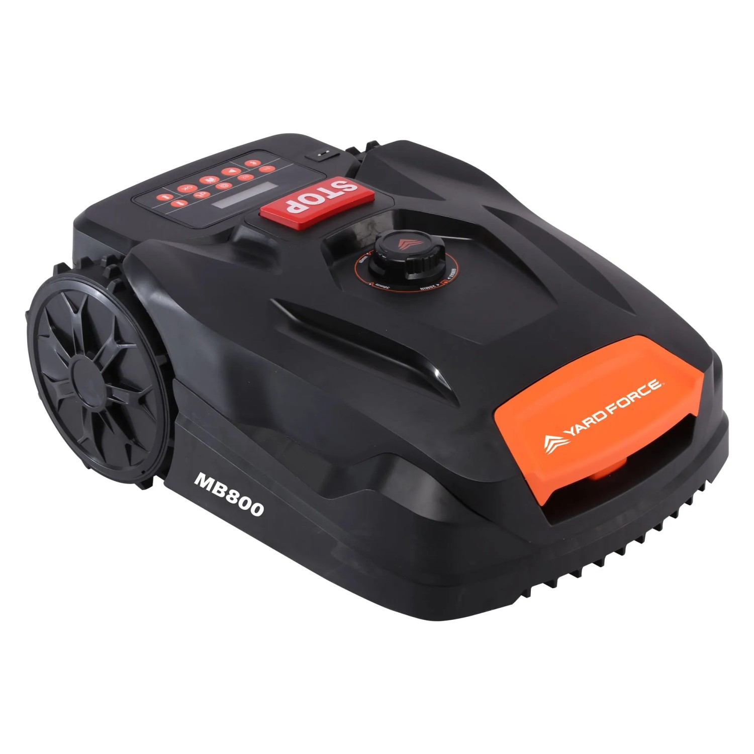 YARD FORCE Mähroboter MB800: Kompakter Rasenroboter in Schwarz mit orangen Akzenten.