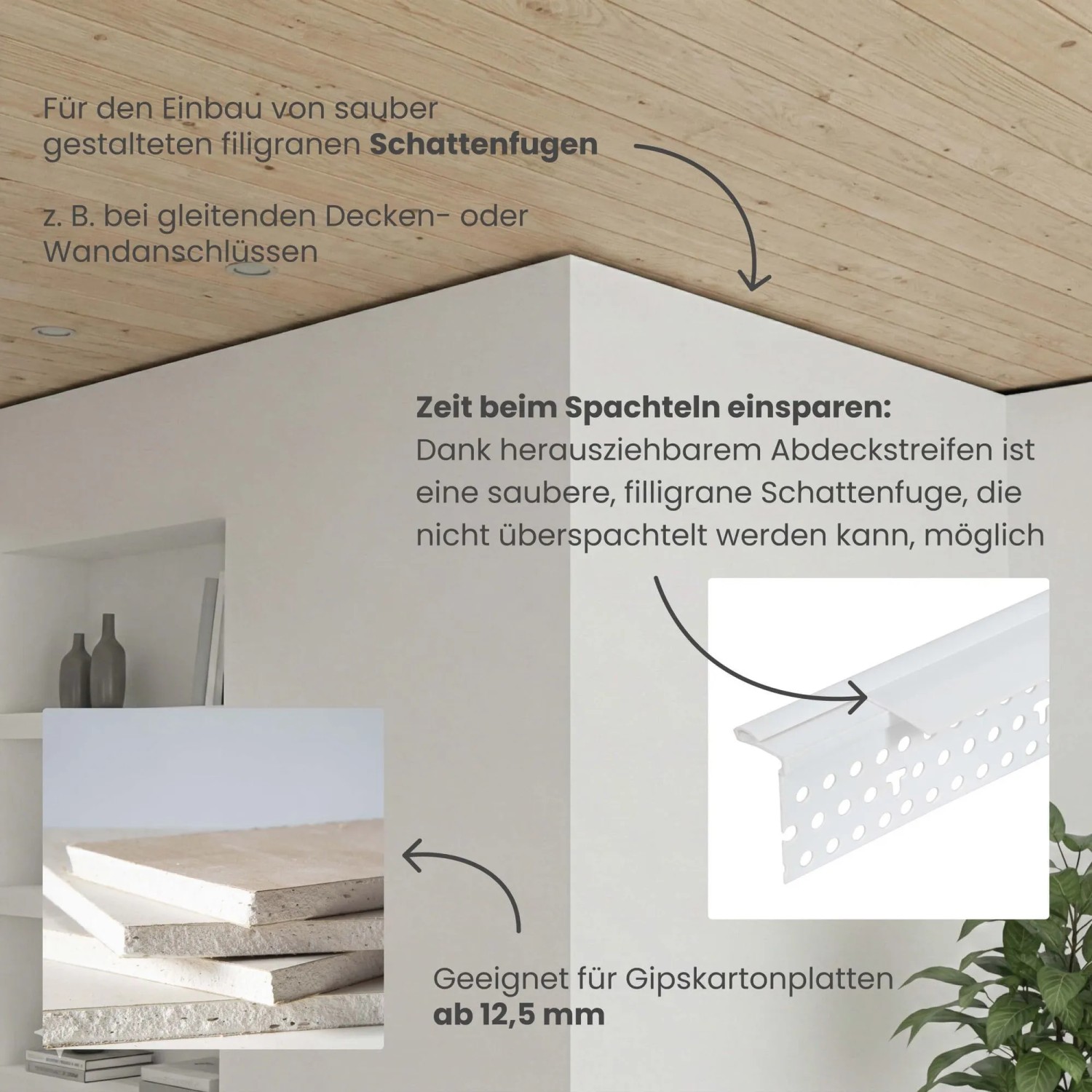 Protektor Schattenfugenprofil weiß für Trockenbau, 3mm Schattenfuge, mit Abdeckstreifen. Ideal für Gipskartonplatten.