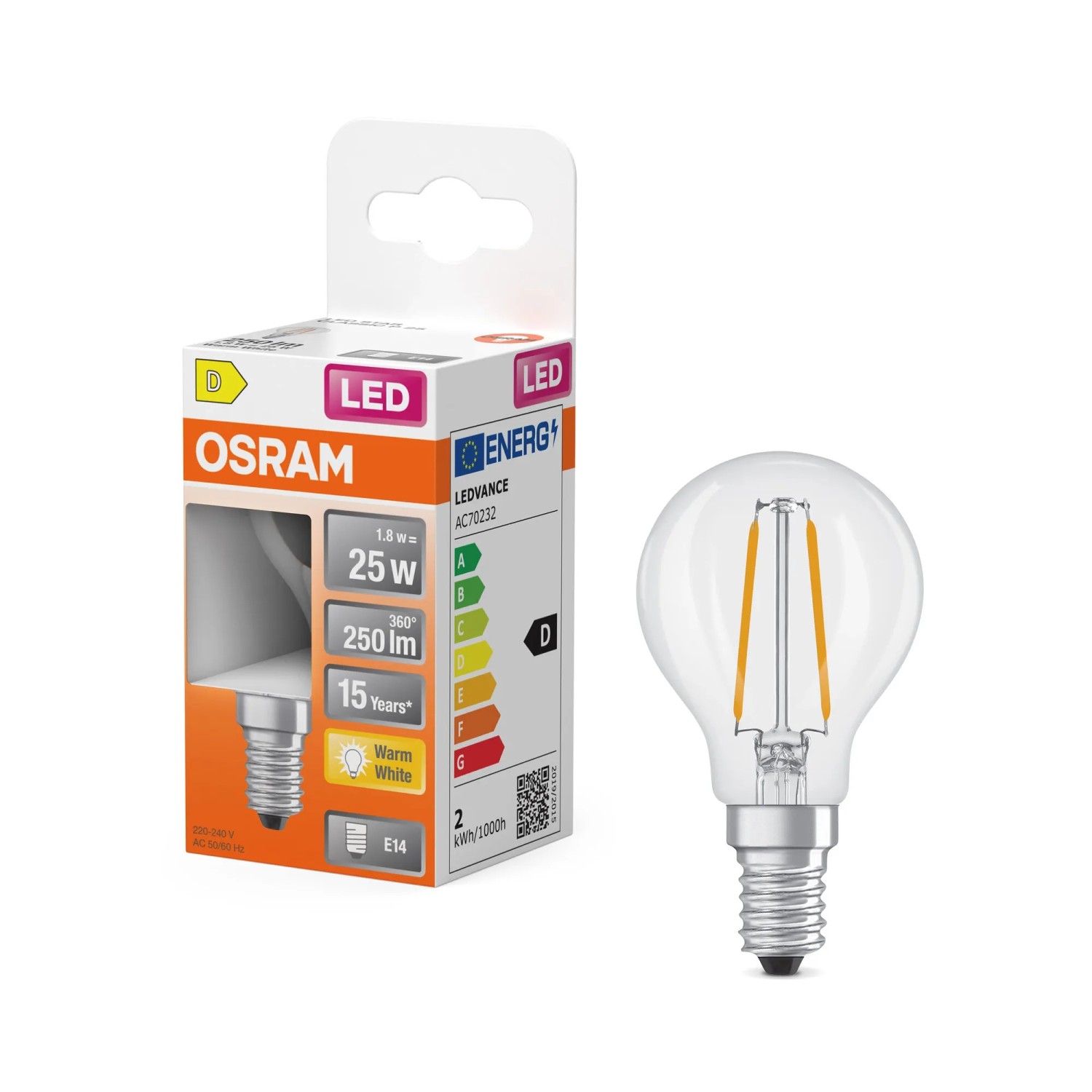 Osram LED-Leuchtmittel E14 Tropfenform, 1,8W, klar. LED Lampe mit E14 Sockel und warmweißem Licht.