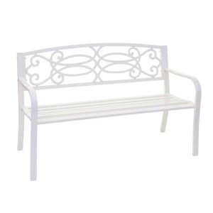 Weiße MCW Gartenbank F44 mit Armlehnen und dekorativer Rückenlehne für 2 Personen.