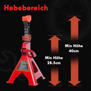 Roter Unterstellbock mit Ratschenmechanismus, zeigt Höhenverstellung von 28,5 cm bis 40 cm für KFZ Werkzeug.