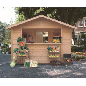 Karibu Marktstand aus Holz, Größe 2, mit Verkaufstresen und Gemüseauslage.
