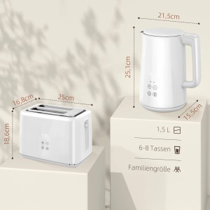 HOMCOM Wasserkocher-Toaster-Set in Weiß: Moderner Wasserkocher und Toaster aus Edelstahl und Kunststoff.