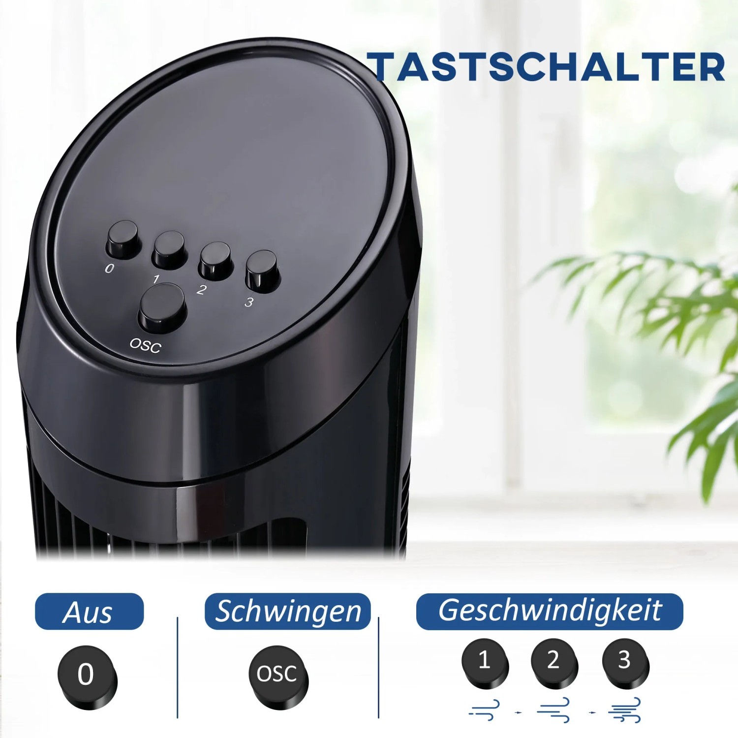 Schwarzer HOMCOM Turmventilator aus Kunststoff, Detailaufnahme der Bedienelemente.