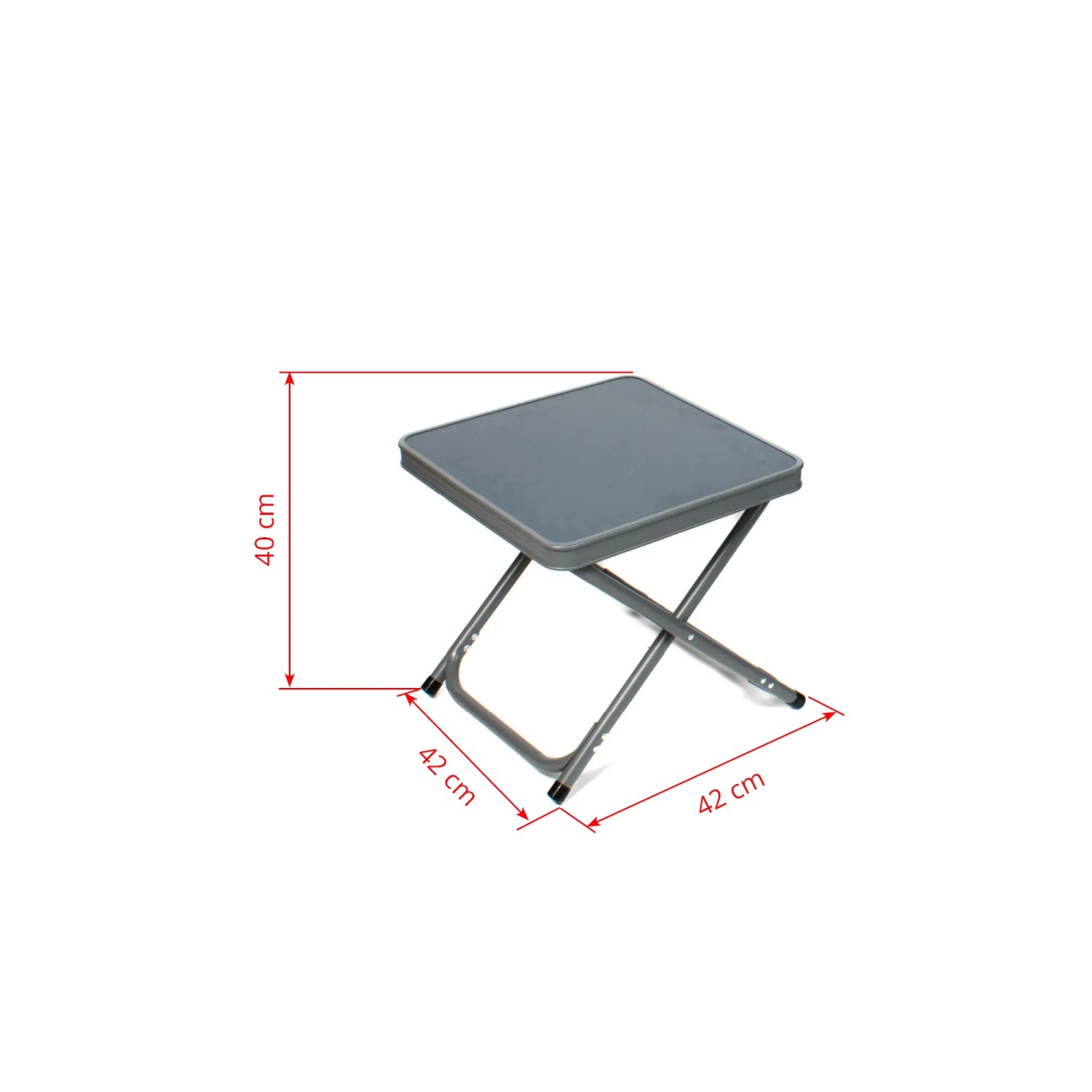 Grauer Eclipse Camping Klapphocker/Tisch Titan mit Maßangaben, ideal für Camping, Garten oder Balkon.