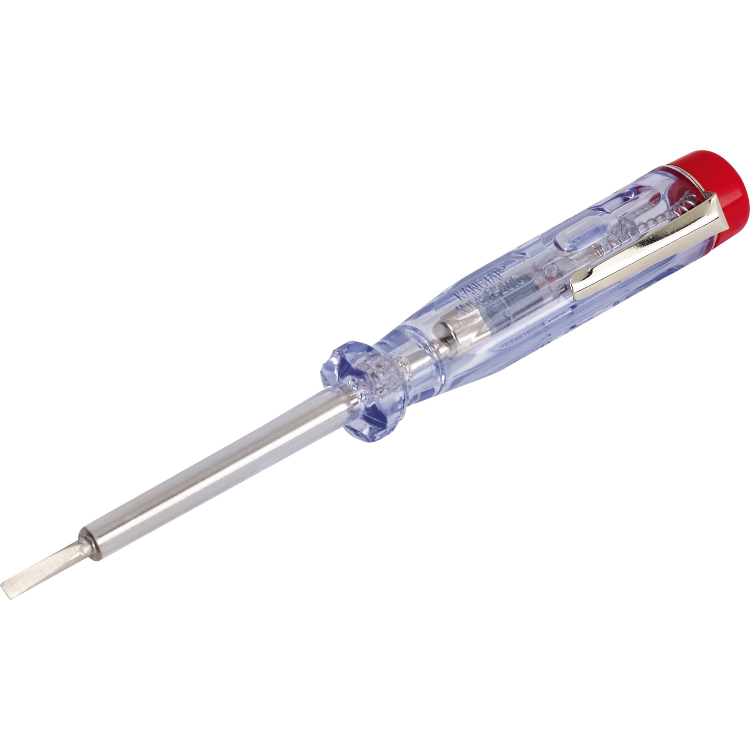 Phasenprüfer aus dem Lampenanschluss-Set, transparentes Gehäuse mit Metallspitze und rotem Ende.