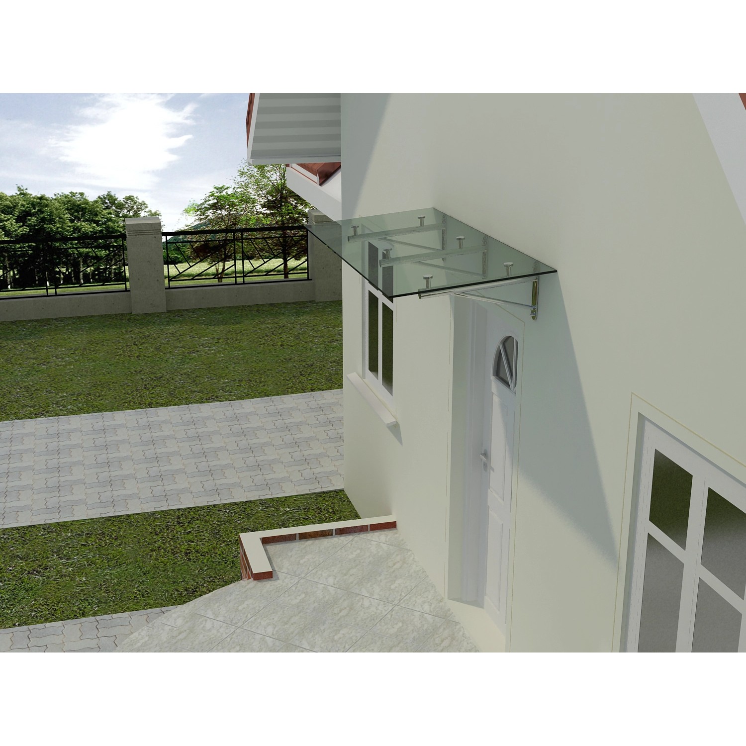 Modernes Glasvordach Elbrus Klarglas VS-Glas 200x90 cm am Hauseingang.