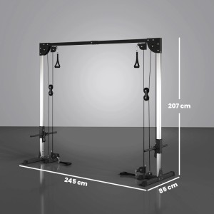 Schwarze SPORTNOW Kabelzugstation aus Stahl, 245x85x207cm, für vielseitiges Krafttraining.