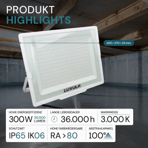 LUXULA LED Strahler 300W, warmweißes Flutlicht für Außen, IP65 wetterfest.