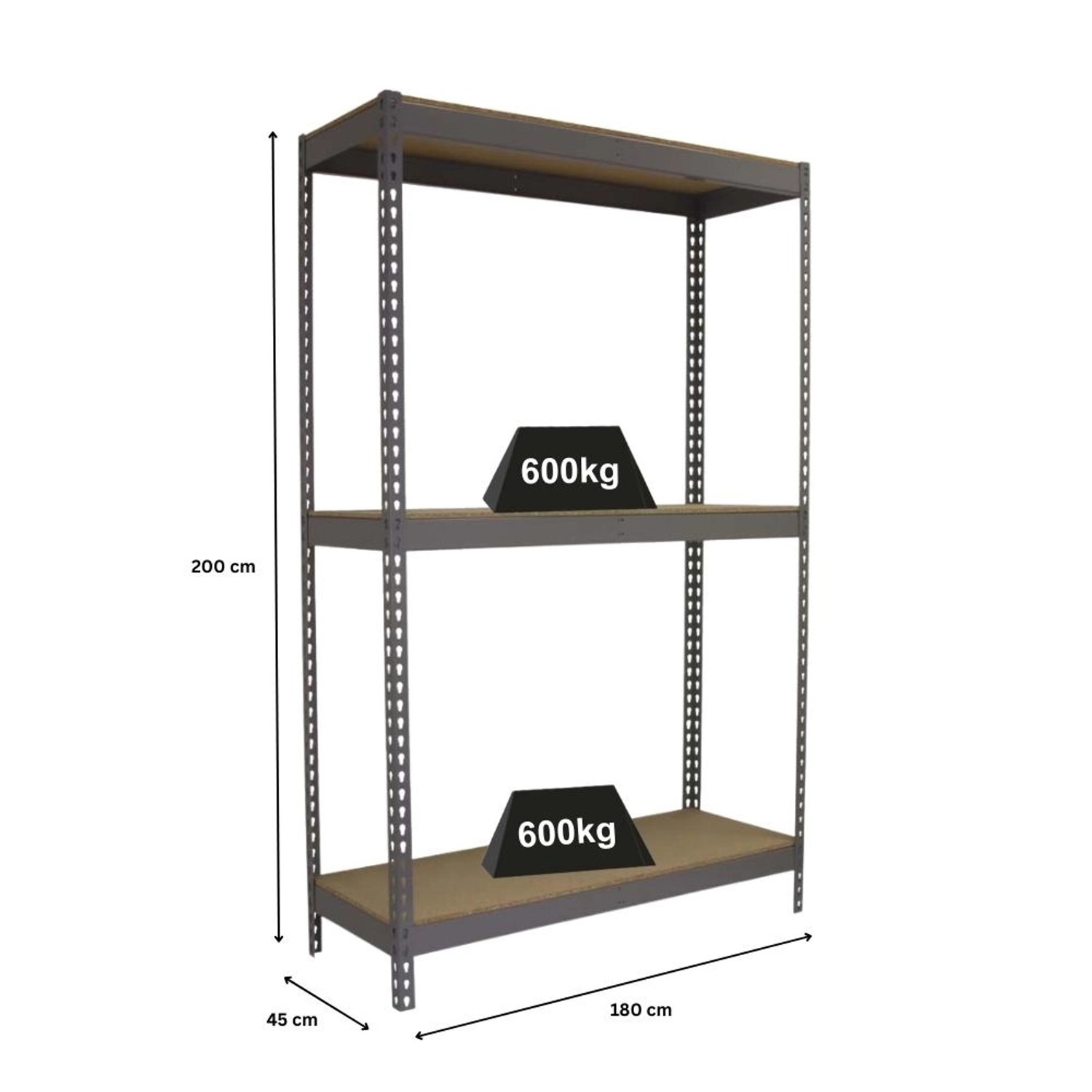 Graues PROREGAL Schwerlastregal Wood Beast mit 3 Ebenen, 200x180x45 cm, Fachlast 600 kg.