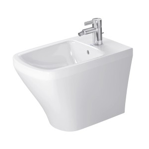 Weißes Duravit DuraStyle Stand-Bidet, 57 cm, mit Überlauf und Hahnloch.