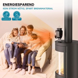 Wiltec Kaminofen Ventilator, schwarz, 3 Blätter, auf Ofen. Verteilt Wärme zu lesender Familie. Stromlos, spart Brennmaterial.