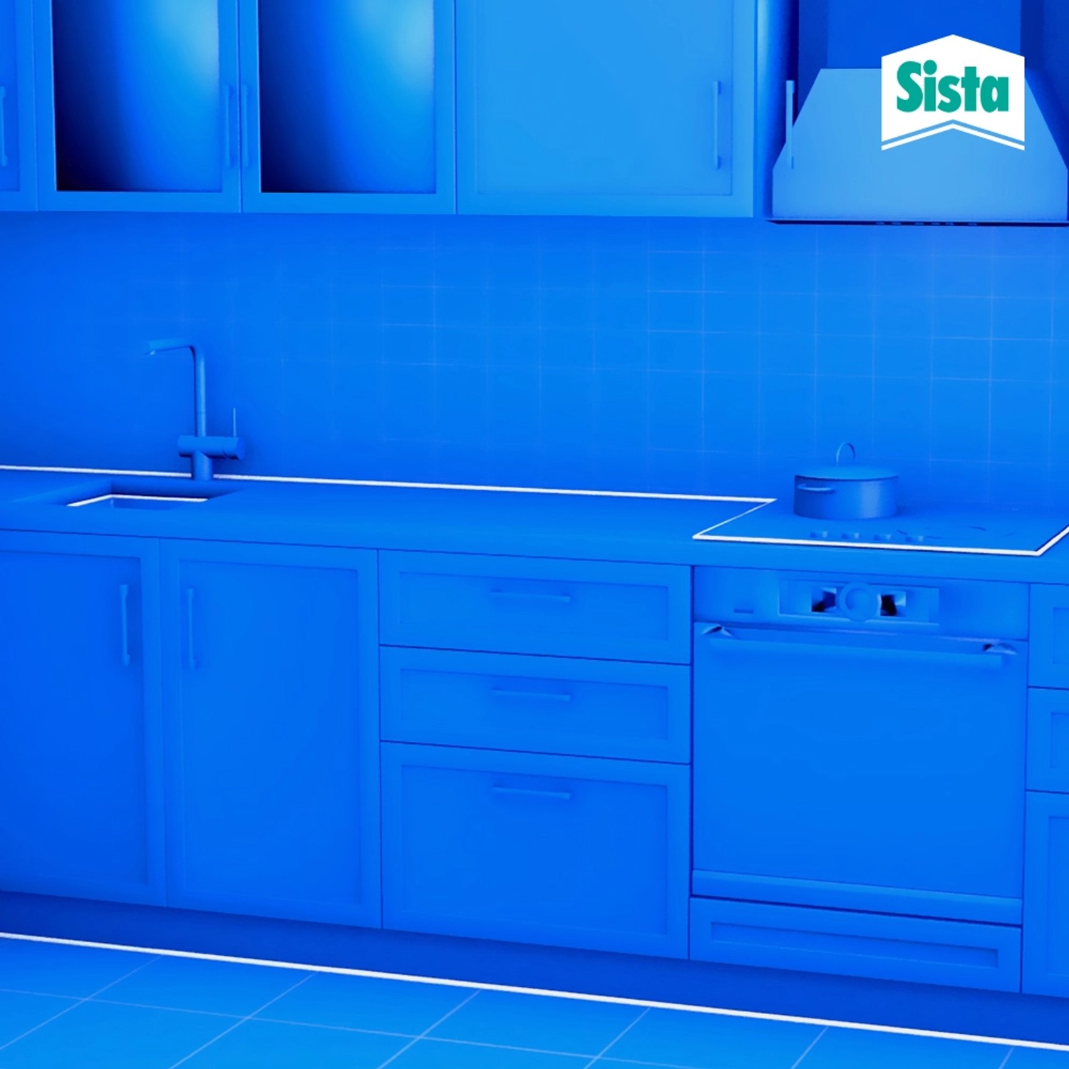 Blaue Küche mit weißen Silikonfugen, abgedichtet mit Sista Silikon Dichtstoff Bad & Küche.