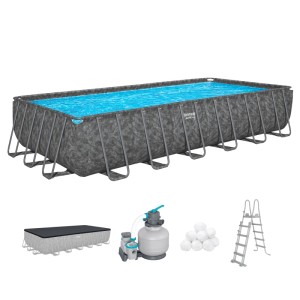 Bestway Frame Pool Set: rechteckiger Stahlrahmenpool in Marmoroptik, Sandfilteranlage, Leiter, Abdeckplane, Filterbälle.