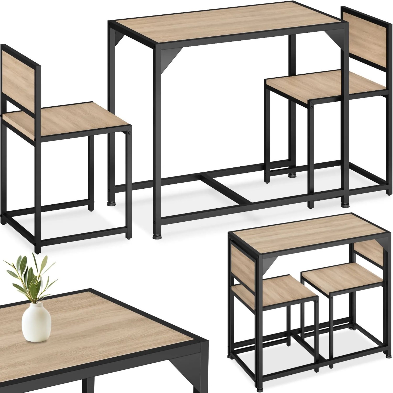 Tectake Sitzgruppe Milton 3 Teilig Esstisch Mit 2 Stühlen  91 x 48 x 77 cm Industrial Holz Hell  Eiche Sonoma