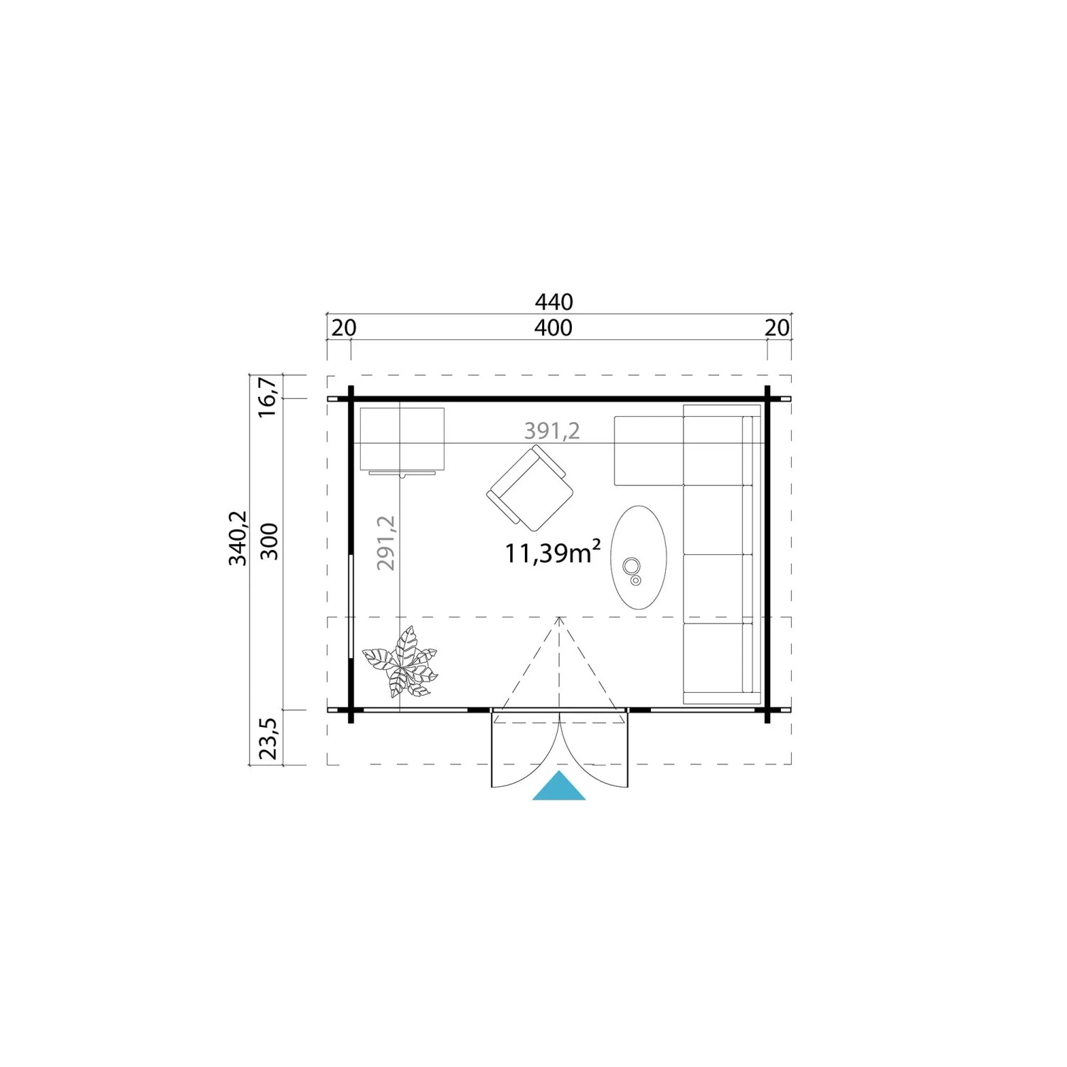 Grundriss Lasita Gartenhaus Windsor 44, 400x300 cm, Holz-Gartenhaus mit Möbeln, Bemaßung.