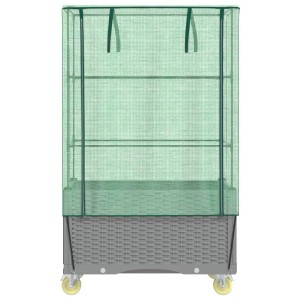 Hellgraues vidaXL Hochbeet mit Aufsatz, Rattan-Optik und Rollen. Ideal für Garten, Balkon und Terrasse.