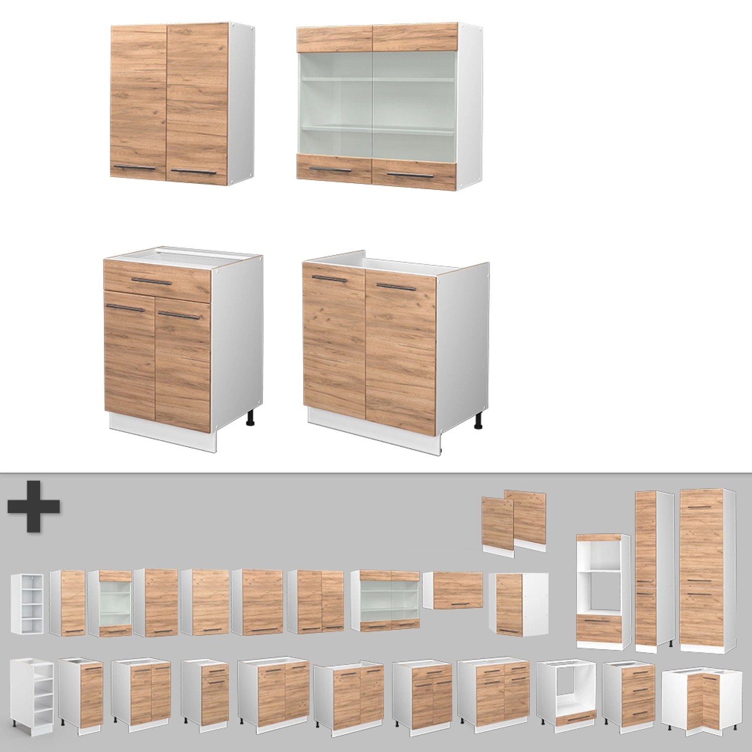 Vicco Fame-Line Singleküche, 140 cm, Eiche/Weiß, ohne Arbeitsplatte. Küchenzeile mit verschiedenen Schränken.