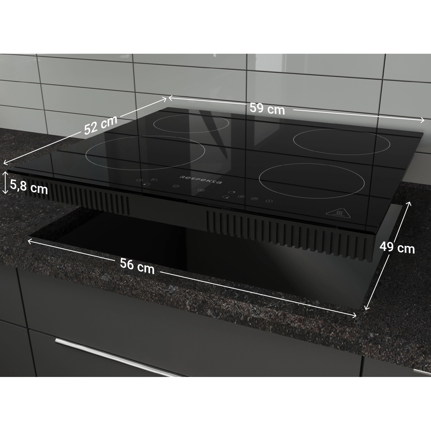 Respekta Herdset Ned + Alex: Schwarzes Induktionskochfeld mit 4 Kochzonen und Einbaubackofen im Küchendesign.