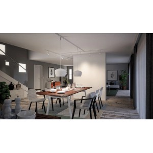 Paulmann URail Pendeladapter in Signalweiß an LED-Schienensystem über Esstisch.