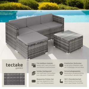 Graue Tectake Rattan Lounge Lignano für 3-4 Personen mit Tisch und Polstern im Garten.