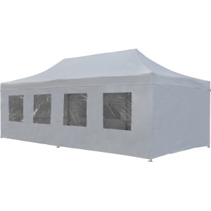 Weißer Faltpavillon Carupano 790x397 cm mit Seitenwänden und Fenstern.