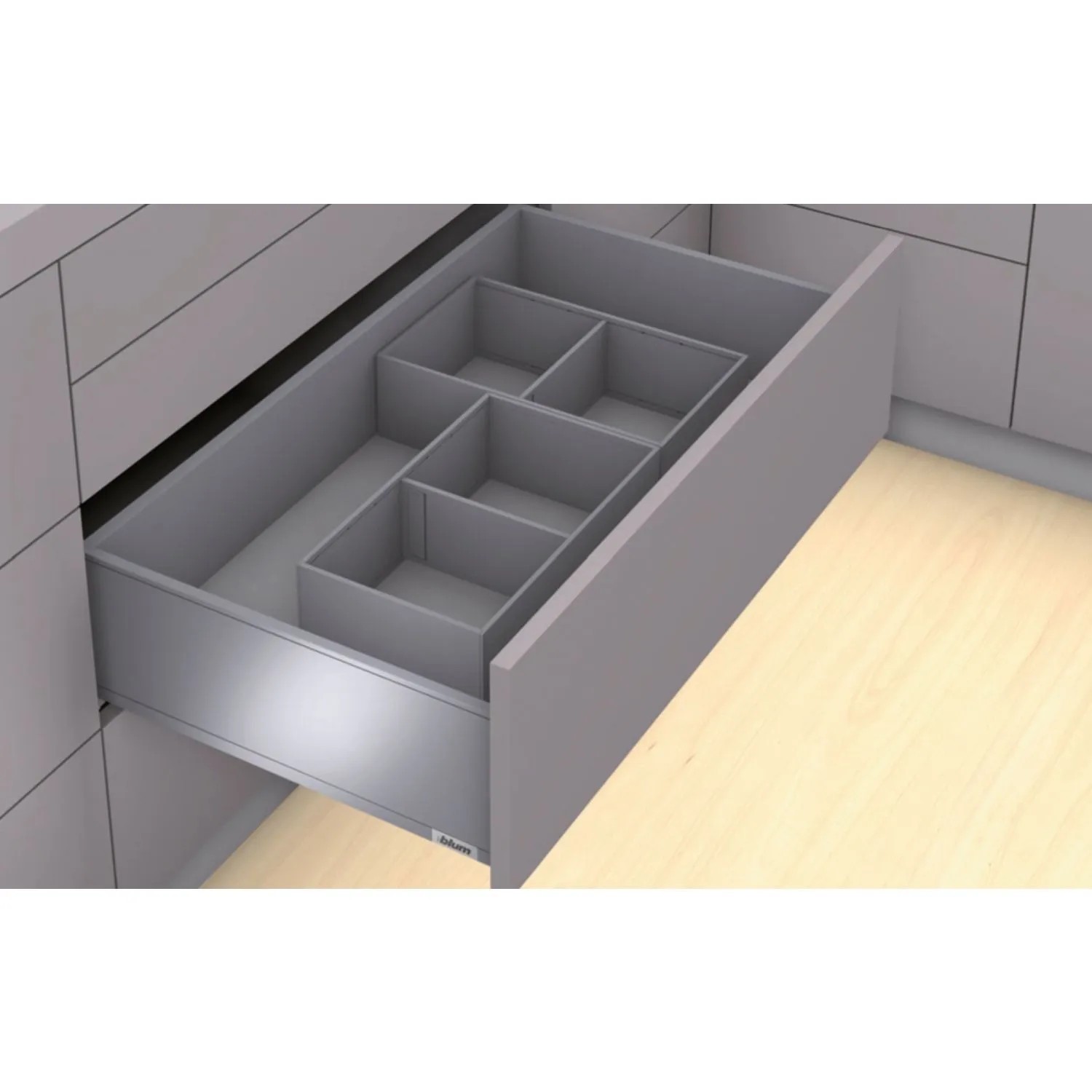 Blum Ambia-Line Schubladeneinteilung, matt oriongrau. Modulares Innensystem für Frontauszüge mit Fächern.