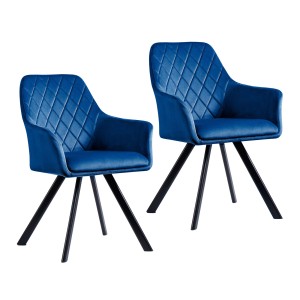 2er Set blaue Esszimmerstühle mit Armlehne, Samtbezug und schwarzen Metallbeinen.