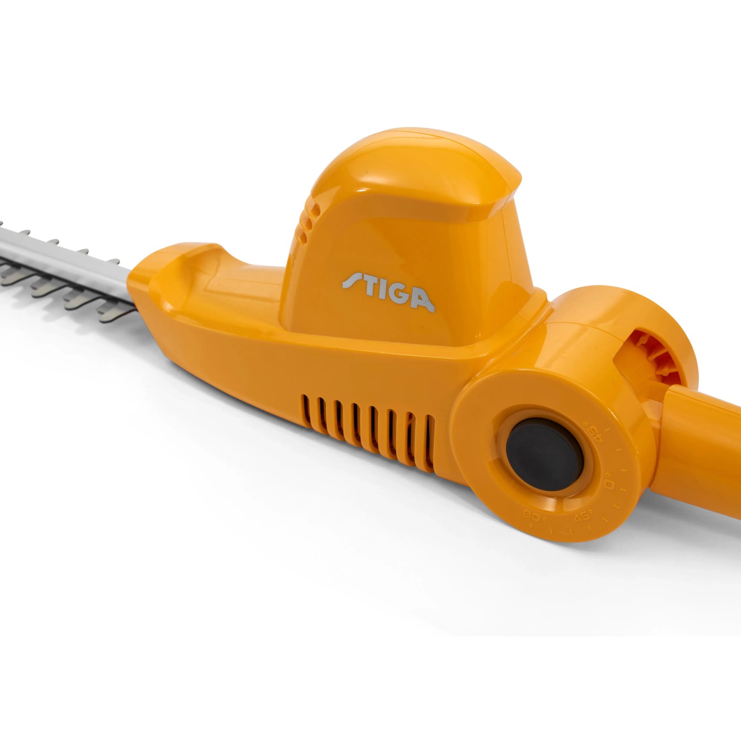 Detailaufnahme der gelben Stiga Akku-Heckenschere MT 100e mit silbernen Klingen.