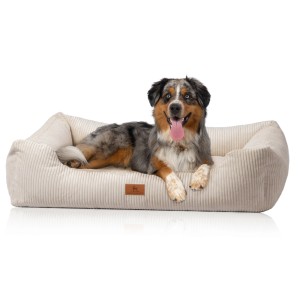 Beiges Knuffelwuff Hundebett Olivia Cord XXL (120x85cm) mit Hund.