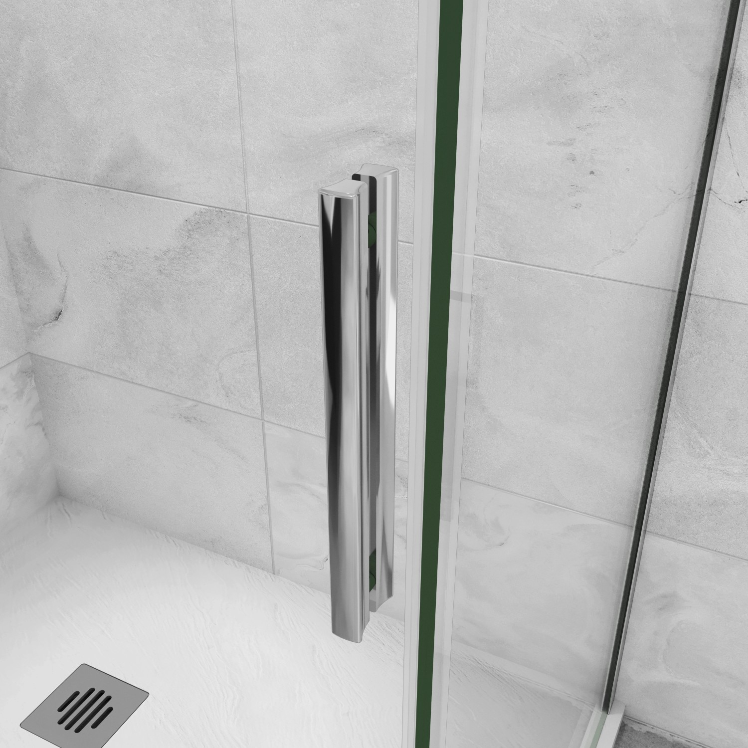 Detailaufnahme: AICA Duschkabine Schiebetür mit Chromgriff und Sicherheitsglas.