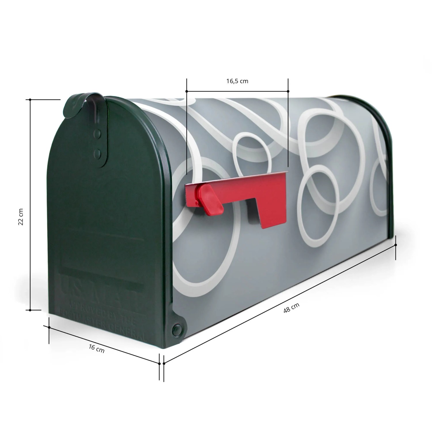 Grüner Banjado US Briefkasten mit weißen Ringen und roter Fahne, 48x22x16cm.