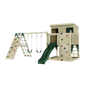 PolarPlay Spielturm Aksel, dunkelgrün, mit Schaukel, Rutsche und Kletterwand. Holzspielturm für Kinder.