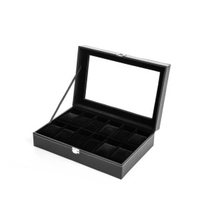 Offene, schwarze Uhrenbox für 12 Uhren mit Glasdeckel und Samtkissen.