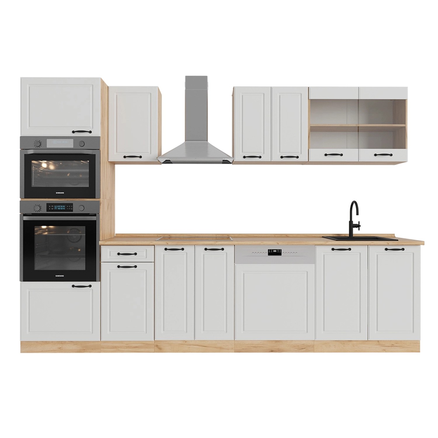 Vicco R-Line Küchenzeile Weiß Landhaus/Goldkraft Eiche 300 cm mit Hochschra günstig online kaufen