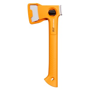 Fiskars X-series Universal-Axt X13, 35,5 cm, mit orangefarbenem Griff und Klingenschutz.