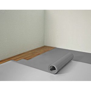 Graue Basic Parkett- und Laminatunterlage (1,6 mm, 20 m²) als Rolle auf dem Boden.