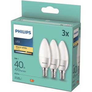 Philips LED-Leuchtmittel E14 Kerze, 3er-Set in Verpackung.