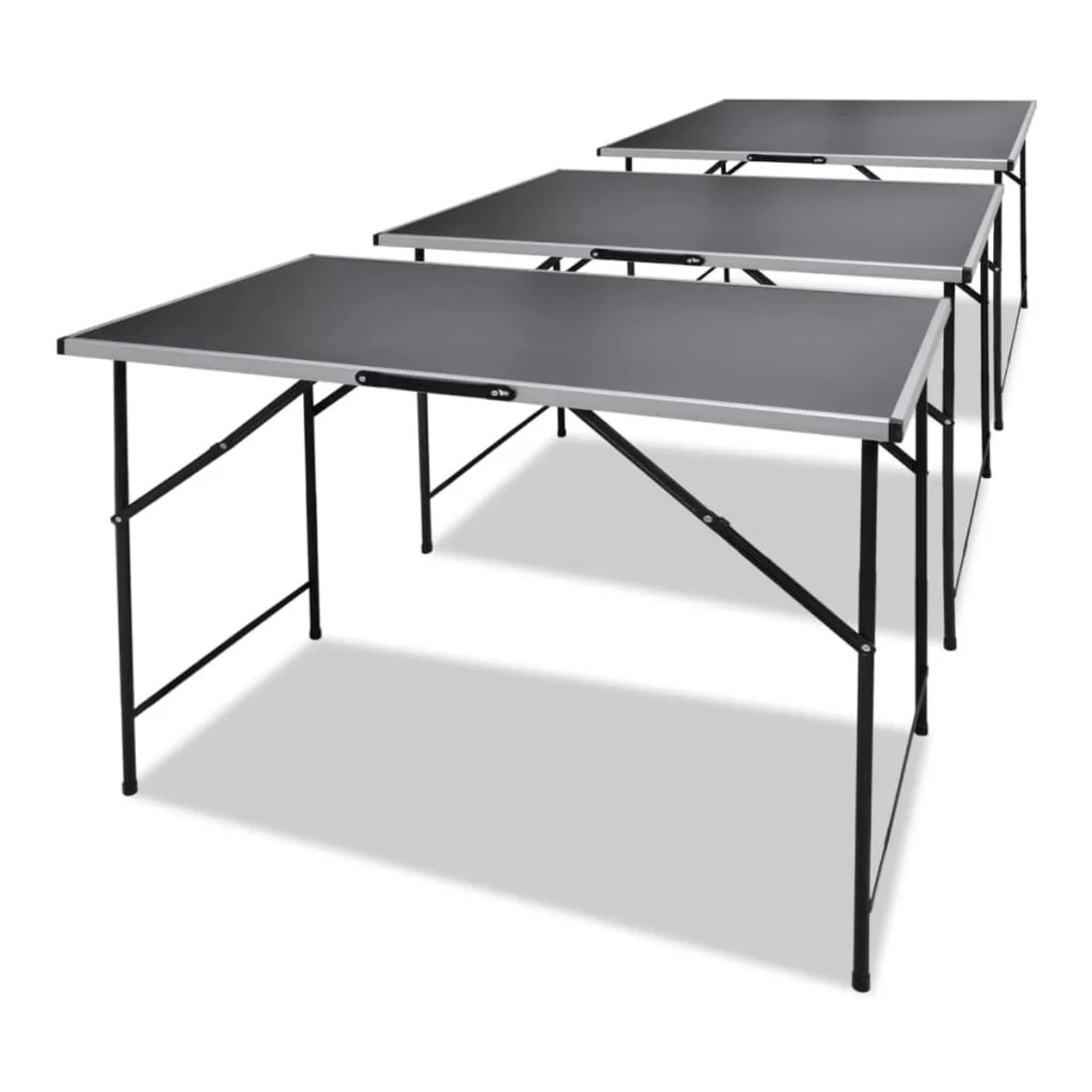 vidaXL Tapeziertische, 3 klappbare, schwarze Tische mit Aluminiumrahmen und Eisenbeinen.