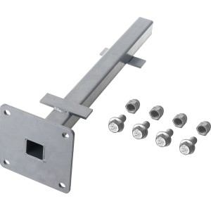 Silberner Pfostenanker (50,6x15x15cm) mit Schrauben zur Zaunpfosten-Befestigung im Boden.