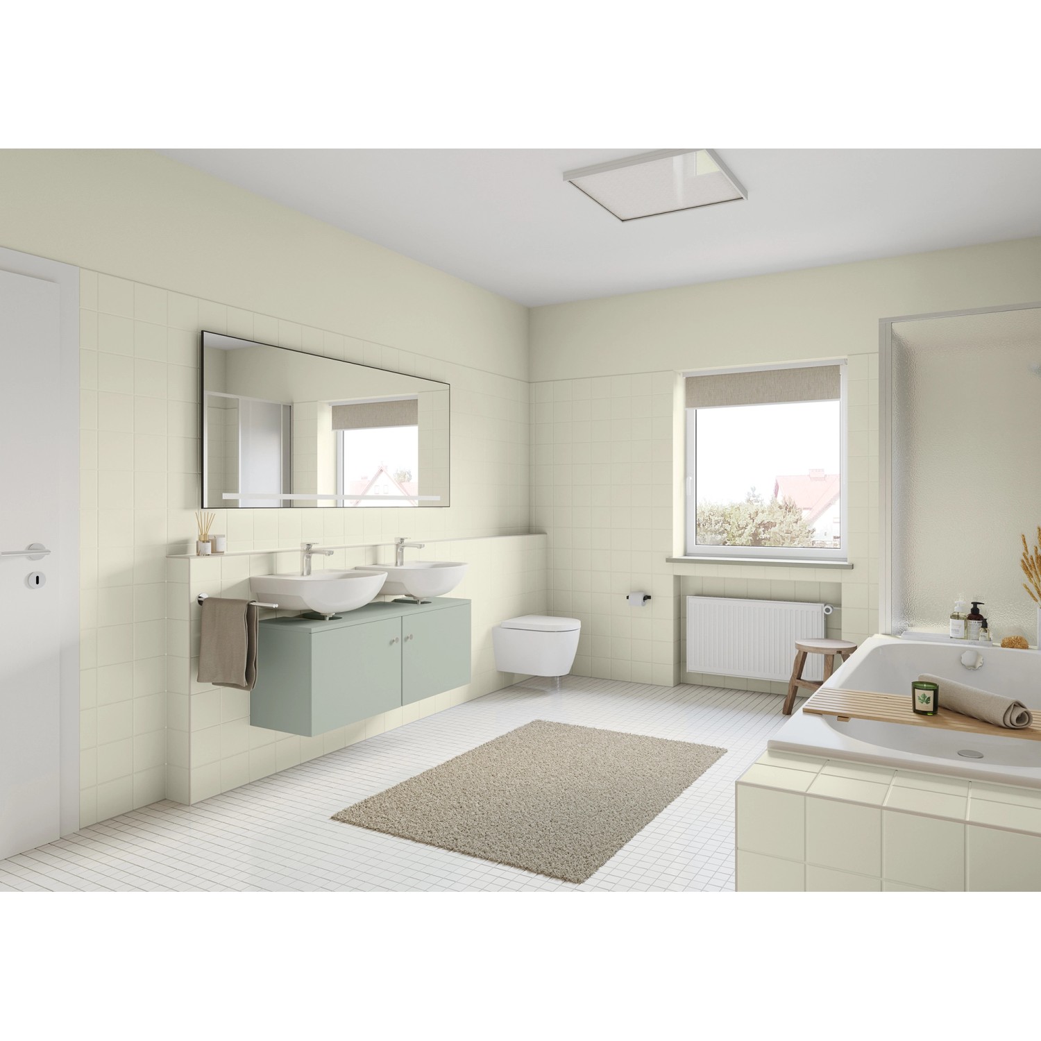 Badezimmer mit Möbeln in Silberfarn, gestrichen mit Alpina Möbel-Lack Bad & Küche.