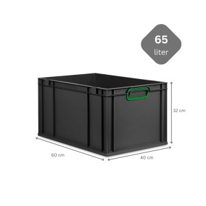 Schwarze PROREGAL Eurobox 65L mit grünem Griff und Deckel. Ideal zur Aufbewahrung und Transport.