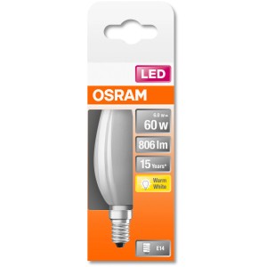 Osram LED-Leuchtmittel E14 Kerzenform, 5,5W, warmweiß, 806 lm. Detailaufnahme der Verpackung.